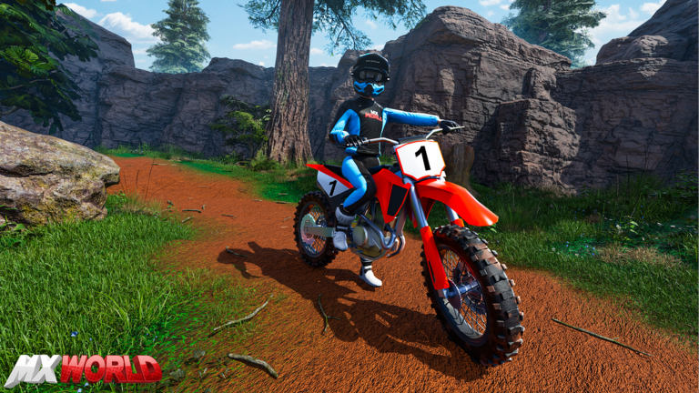 MX WORLD dirt bike number 1 on a forest trail