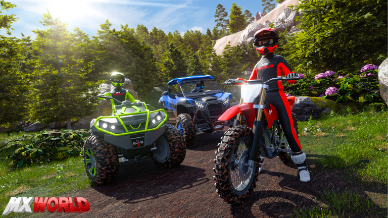 MX WORLD ATV, UTV, and dirt bike on a forest trail